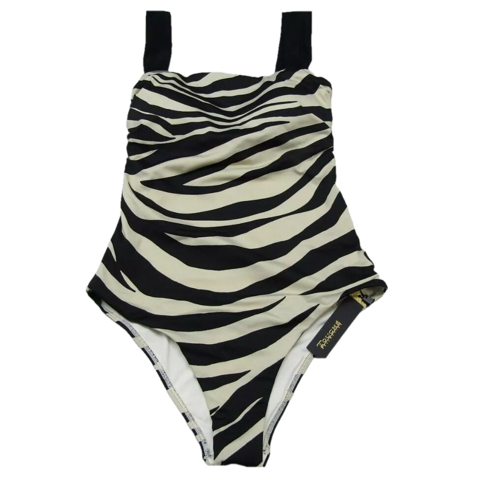 NEW OUCHE Swimsuit One Piece Black White Zebra Thick Strap Back Tie Size S